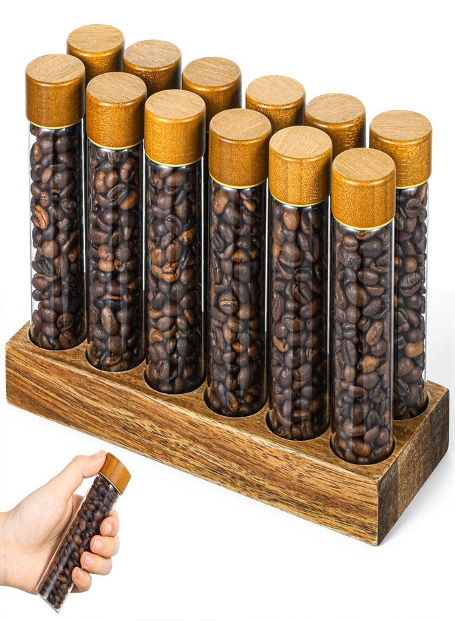 Exclaith 12 Pack Single Dose Coffee Bean Storage Tubes with Wooden Stand, Coffee Bean Cellar Container with Walnut Solid Wood Base, Espresso Beans Canisters Set (2 OZ) - Image 1